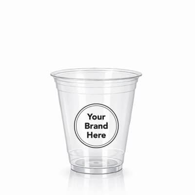 12oz clear PET plastic cold cup featuring a "Your Brand Here" custom logo mockup for iced espresso and small cold drinks.