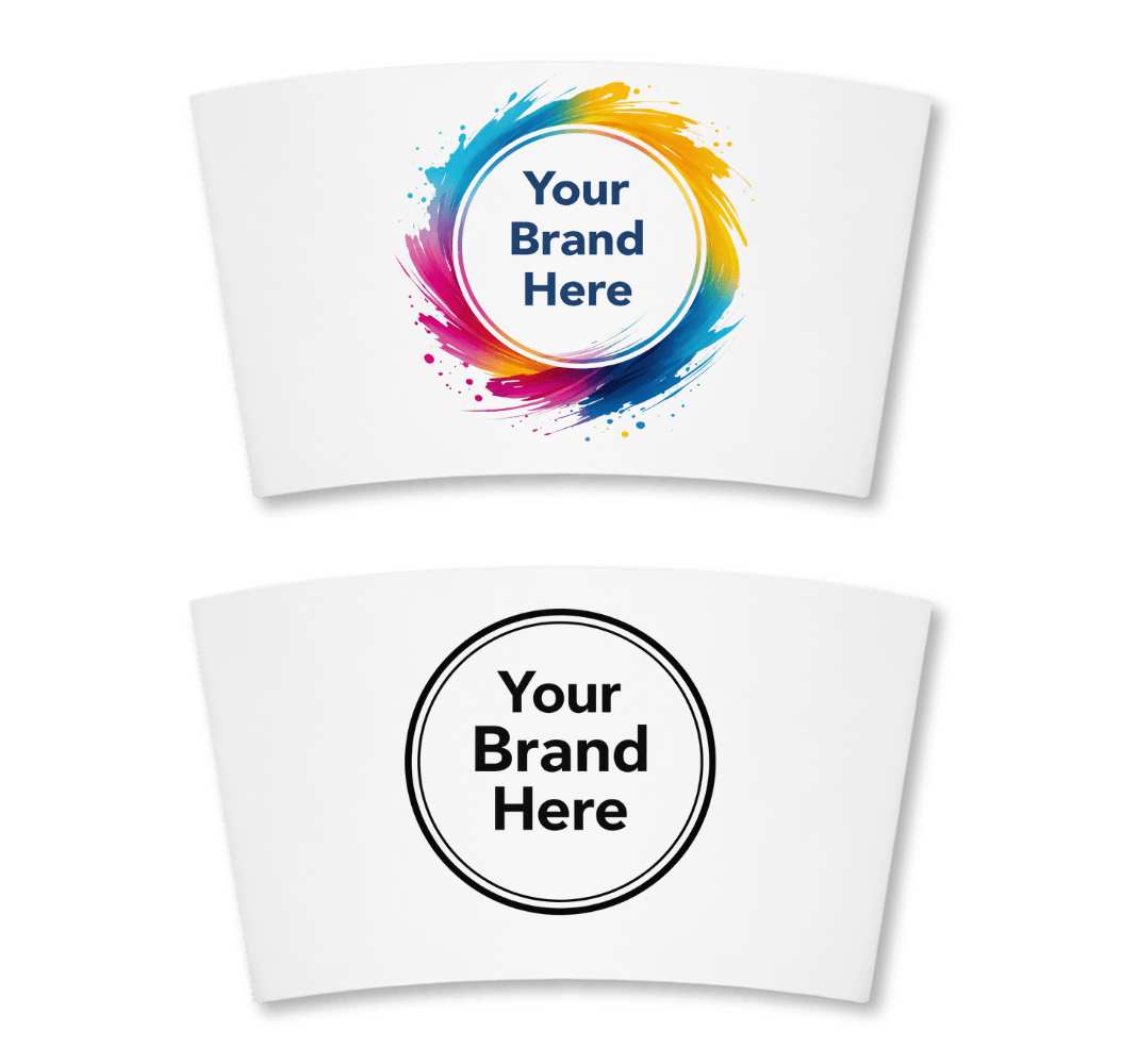 Comparison of standard single-color versus premium full-color custom printing options for coffee sleeves.